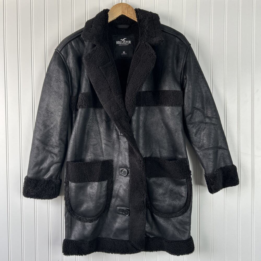 HOLLISTER Black Faux Leather Sherpa Lined Coat Women’s XS
